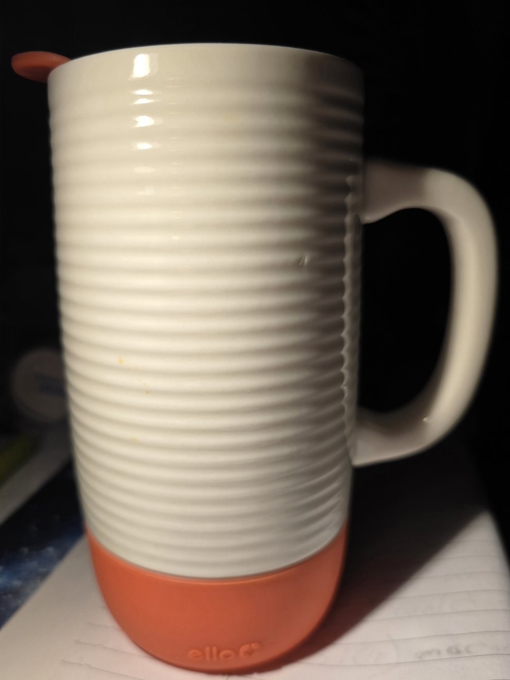 White Ceramic Mug with Orange Accent - Sleek Ribbed Design 18 Oz